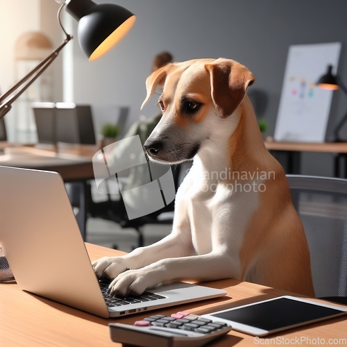 Image of dog on laptop at desk