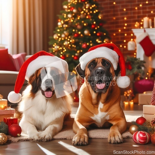 Image of two dogs wearing santa hat at christmas