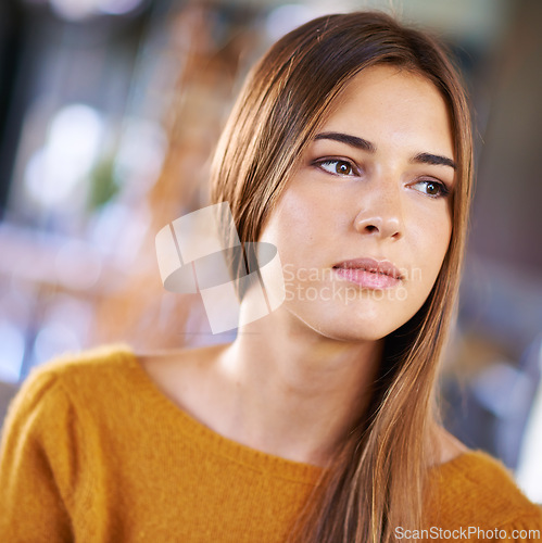 Image of Home, thinking and woman with ideas, decision and choice with peace and relax in a living room. Person, apartment and girl with wonder and anxiety with thoughts and brainstorming with weekend break