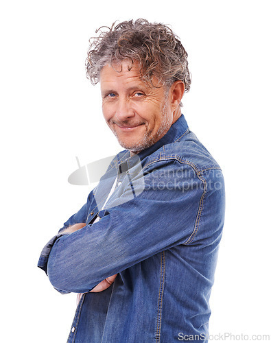 Image of Portrait, confidence and smile of mature man in studio isolated on a white background. Face, fashion or person with arms crossed in casual clothes or denim jacket for pride on a backdrop in Australia