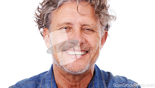 Image of Studio, portrait and happy senior man, elderly male person in retirement relaxing. Joyful, cheerful laughing pensioner with bright smile, natural aging and face on confident guy with mockup space