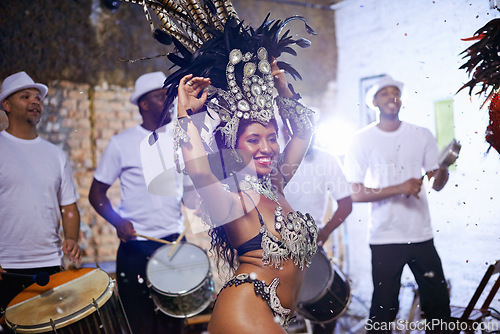 Image of Woman, samba and dancer with performance at carnival, band or show with smile, culture or creative in nightclub. Girl, people and dancing to music, stage and fashion for celebration in Rio de Janeiro