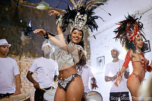 Image of Woman, happy and dancer with concert at carnival, band or show for smile, culture or creative in nightclub. Girl, people and dancing to music, performance or fashion for celebration in Rio de Janeiro