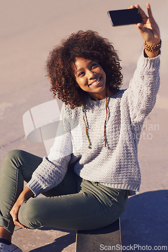 Image of Smile, skateboard and selfie of woman in city outdoor for social media vlog on internet in summer. Happy person, skate park and picture for photography, memory and blog for live streaming in town