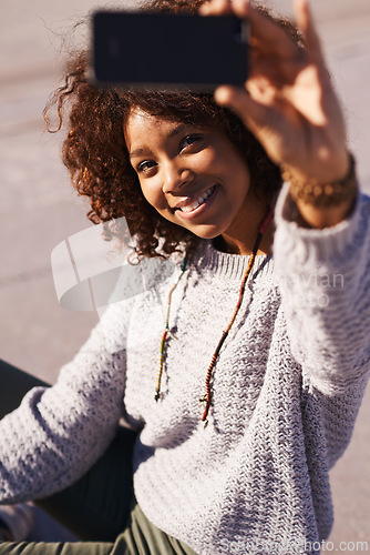 Image of Smile, influencer and selfie of woman in city outdoor for social media vlog on internet in summer. Happy person, street and picture for photography, memory or blog for live streaming in urban town