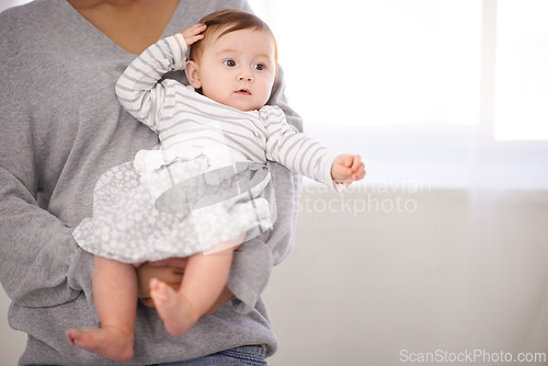 Image of Home, family and mother with baby for safety, love and comfort in adoption of newborn girl. Infant, parent and little kid in house with peace, support and thinking for development of curiosity