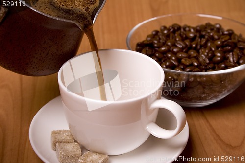 Image of cup of coffee, sugar and beans