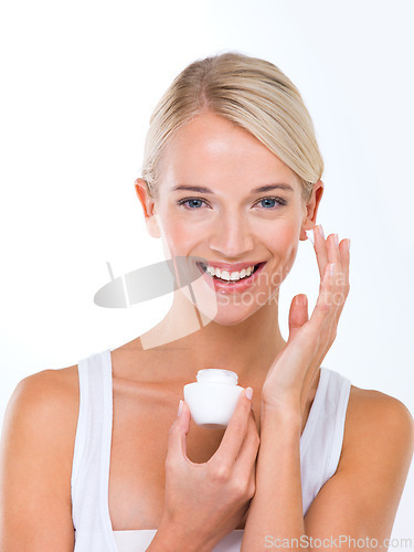 Image of Woman, portrait and skincare cream in studio or moisturizer wellness with dermatology, product or white background. Female person, lotion and facial sunscreen or self care protection, smile or mockup