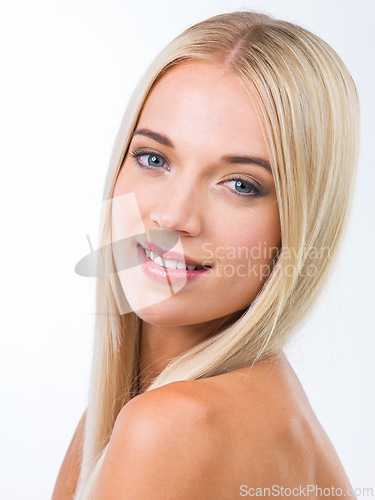 Image of Blonde woman, hairstyle and happy in studio portrait, wellness and results by white background. Girl, person and model with hair care for beauty, transformation or change with natural glow for health