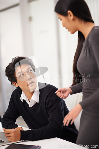 Image of Laptop, advice and manager in office for discussion with businessman learning from woman. Feedback, help and mentor training asian man on computer with mistake and coaching in Tokyo with support