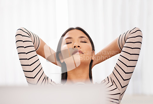 Image of Calm, stretching and asian woman relax in office with peace in morning with project and future dream. Japanese, entrepreneur and person brainstorming a creative decision and rest in Tokyo startup