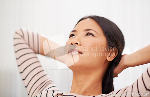 Image of Calm, thinking and woman relax in office with ideas for development of project or planning a future. Japanese, entrepreneur and person brainstorming a creative decision and stretching in Tokyo