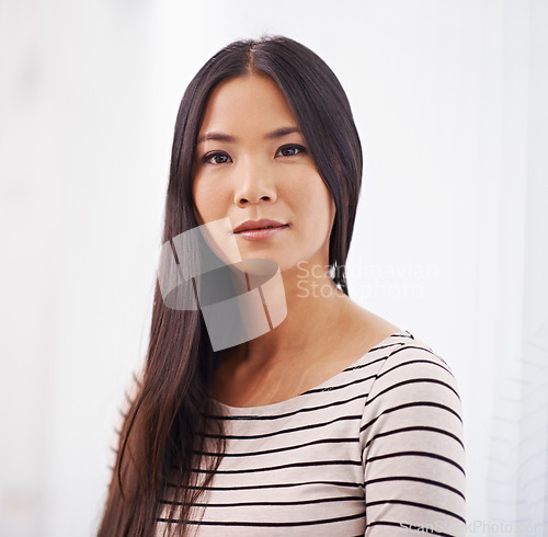 Image of Confident, office and portrait of business Asian woman with pride, attitude and ambition for company. Creative startup, professional and person in workplace for career, job and working in Japan
