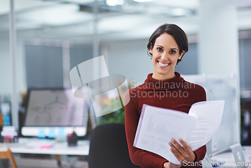 Image of Woman, office and paperwork with smile in confidence for business or worker contract at work as hr manager. Portrait, female person and document in happiness with folder for company policy and law.