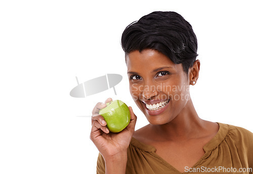 Image of Woman, portrait and happiness in studio with apple for nutrition, healthy diet and wellness on white background. Nutritionist, indian person and fruit for vitamin c, fiber and lose weight with mockup