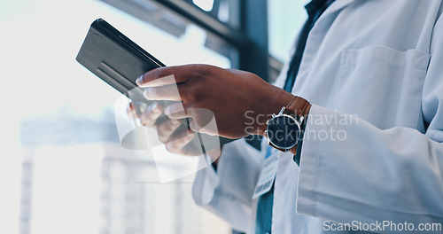 Image of Hands, tablet and doctor in hospital for online consulting, telehealth or wellness on information technology. Person, healthcare medicine or nurse on internet, clinic research or patient data