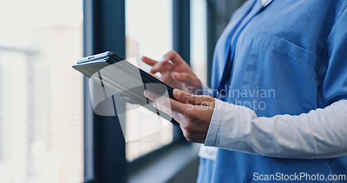 Image of Hands, tablet and nurse in hospital for online consulting, telehealth or wellness on information technology. Person, healthcare or medical study on internet, clinic research or patient data by window