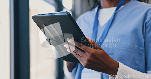 Image of Hands, tablet and nurse in clinic for online consulting, telehealth or wellness on information technology. African person, healthcare or medical study on internet, hospital research and window