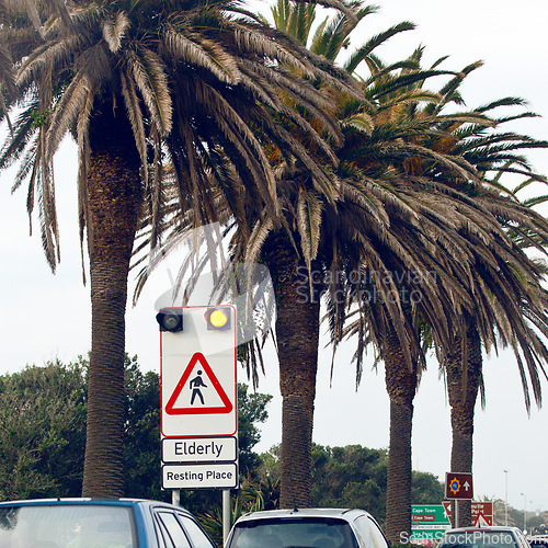 Image of Road sign, pedestrian and warning in traffic in city with mistake with grammar, joke and comic text for walking. Cars, error and funny signage with graphic, language or wrong information in Cape Town