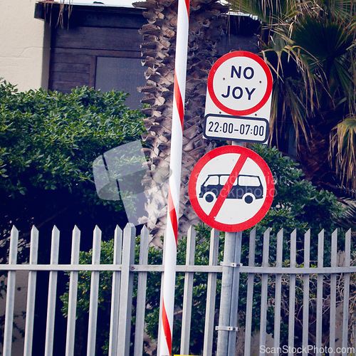 Image of Road sign, city and urban parking with funny mistake for humor, joke and comic text for soup in neighborhood. Asphalt, error and signage with writing, language and no joy with warning in Cape Town