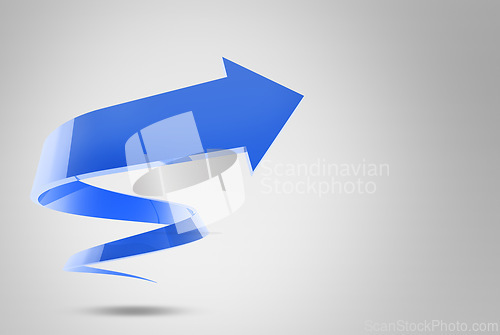 Image of Blue arrow, icon and increase for profit, growth or 3d illustration isolated in studio on grey background. Abstract, curve direction or color design for graphic sign, point symbol or raise indication