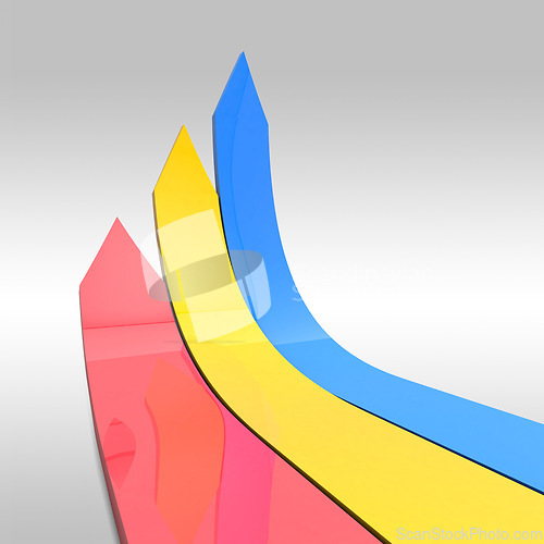 Image of Arrows, graph and illustration for finance growth, data analysis and direction for increase. Shape, research and graphic markers for ecommerce and profit progress, investment and stocks algorithm