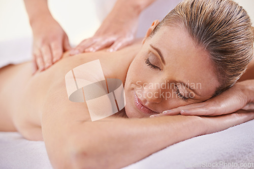 Image of Girl, relax and hands massage in spa, wellness and resting in hotel or lodge. Physical therapy, holistic and female person in holiday or vacation in California for health, peace and back skin detox