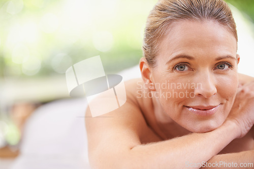 Image of Happy woman, portrait and relax with zen for physiotherapy, massage or wellness at spa, hotel or resort. Calm young female person in beauty for peaceful relaxation, facial or body treatment at salon