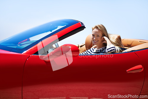 Image of Woman, portrait and happy in sports car for road trip in summer or adventure on vacation in Beverly Hills. Luxury vehicle for speed on highway, transport and drive automobile for journey or freedom.