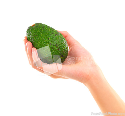 Image of Nutrition, fruit and hand in studio for healthy diet, wellness and vitamin c on white background. Avocado, green and holding for delicious ingredients, organic food and vegetarian meal with mockup