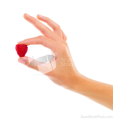 Image of Hands, raspberry and healthy food for diet, wellness and weight loss with ingredient isolated on white background. Person with fruit, sweet or sour with nutrition, red berries for detox and vegan