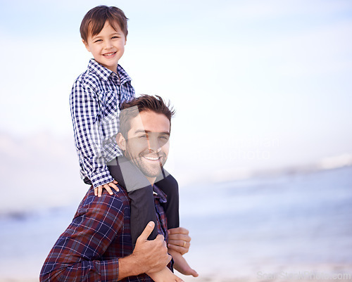 Image of Beach, portrait and man with son on shoulders, smile and mockup space on outdoor adventure. Support, face of father and child in nature for fun, bonding and happy trust on ocean holiday together