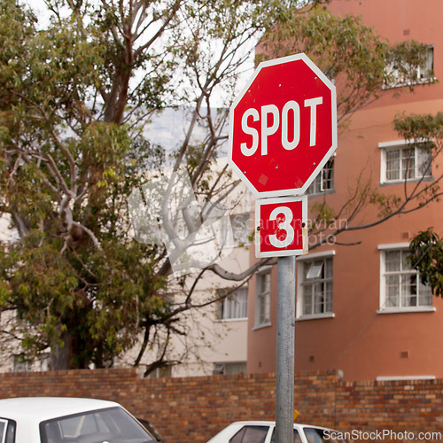 Image of Road, city and outdoor with stop sign, mistake or typo for humor with comic text in neighborhood. Spot, error and joke with funny signage with writing, language or wrong spelling for warning in town