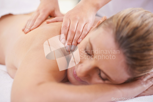 Image of Woman, sleep and hands massage in spa, wellness and resting in hotel or lodge. Physical therapy, holistic and female person in holiday or vacation in California for health, peace and back skin detox