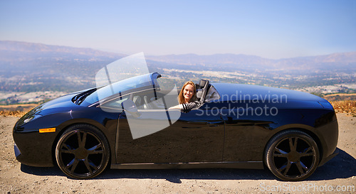 Image of Woman, portrait and happy in sports car for road trip in summer or adventure on vacation in Beverly Hills. Luxury vehicle for speed on highway, transport and drive on mountain for journey or freedom.