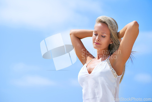 Image of Woman, fashion and outdoor with eyes closed in summer outfit for hot weather on holiday and break in Miami. Female person, rest and satisfied on leisure or vacation to relax, chill and arms in head