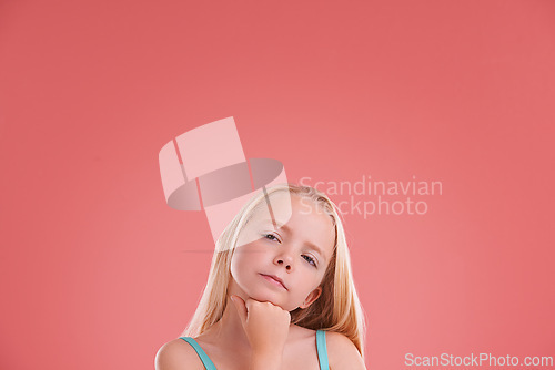 Image of Planning, ideas and girl child in studio with brainstorming facial expression by mockup space. Thinking, question and young kid model with guess, decision or choice face isolated by pink background.