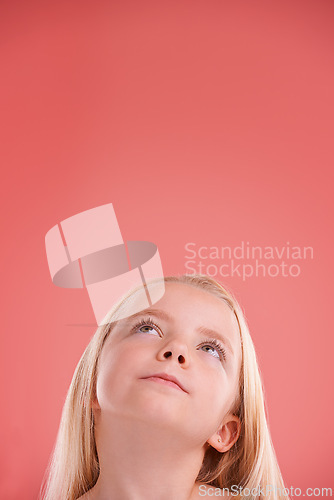 Image of Child, thinking and girl in studio for idea and wonder for adorable and growing up for adolescent and innocent. Young person or kid and looking for junior, childhood and children for cute on mockup