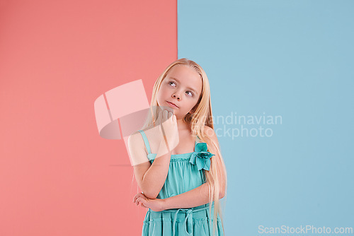 Image of Question, ideas and girl child in studio with brainstorming facial expression by mockup space. Planning, thinking and young kid model with guess, decision or choice face by color block background.