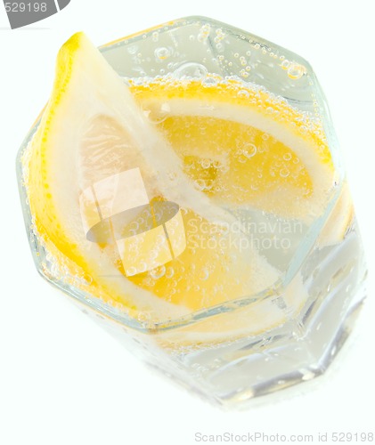 Image of glass with soda water and lemon slices 