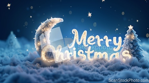 Image of Moon Merry Christmas concept creative horizontal art poster.