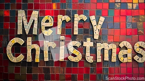Image of Mosaic Tile Merry Christmas concept creative horizontal art poster.