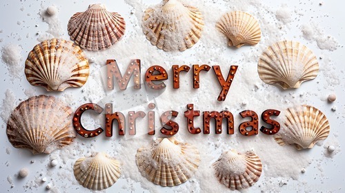 Image of Words Merry Christmas created in Scallop Shell Letters.
