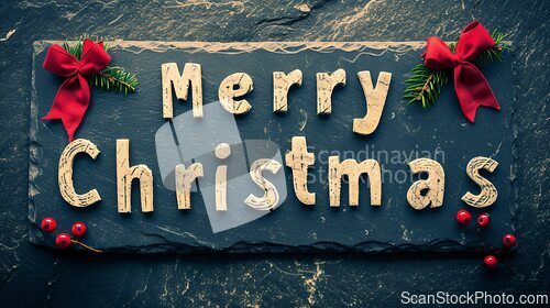 Image of Slate Stone Merry Christmas concept creative horizontal art poster.