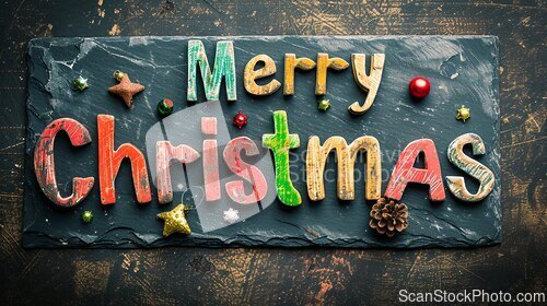 Image of Slate Stone Merry Christmas concept creative horizontal art poster.