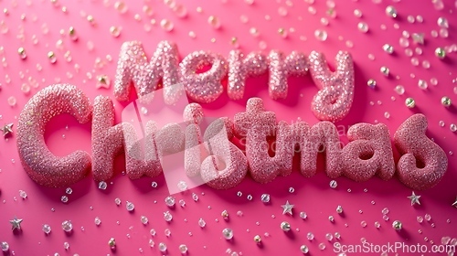 Image of Pink Glossy Surface Merry Christmas concept creative horizontal art poster.
