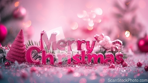 Image of Pink Glossy Surface Merry Christmas concept creative horizontal art poster.