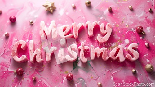 Image of Pink Marble Merry Christmas concept creative horizontal art poster.