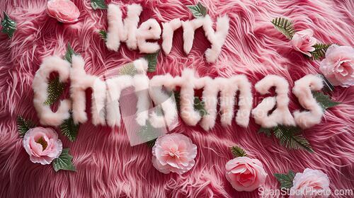 Image of Rose Fur Merry Christmas concept creative horizontal art poster.