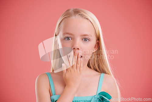 Image of Wow, surprise and portrait of girl in studio with hand on mouth for secret, gossip or news on pink background. Omg, face and kid model with oops emoji, shock or announcement, promo or unexpected info